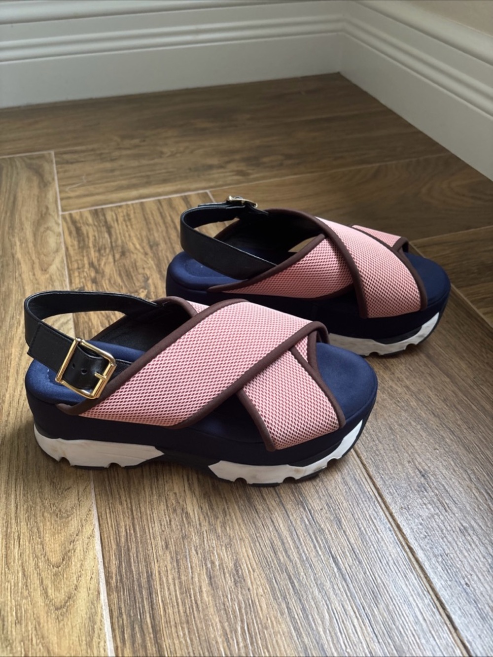 MARNI Fussbett Criss Cross Platform Sandal Slingback Fabric Leather Size 38 / 8